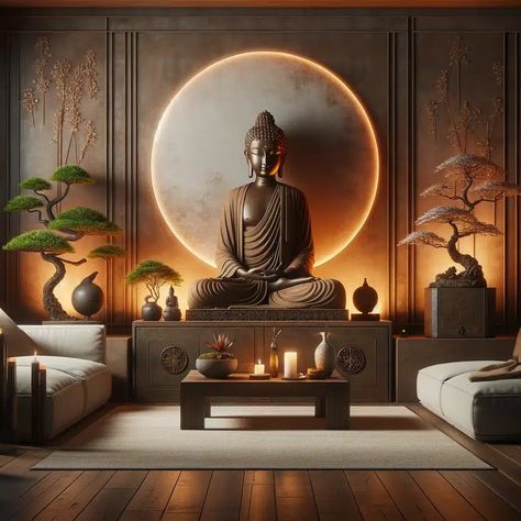 Buddha Decoration Ideas, Lotus Decoration Ideas, Buddha Decor Ideas, Relaxation Room Decor, Space Saving Furniture Tiny Houses, Buddah Statue, Spa Retail, Yoga Room Design, Buddha Statue Home