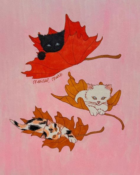 I’m falling for you 🍁 🧡 autumn is pretty cute, it’s the last burst of color before the leaves crunch away & come back in the spring 🍃 | Instagram Marisol Muro Wallpaper, Autumn Leaves Falling Down Like Pieces, Fall Pink Wallpaper, Cute Fall Art, Notion 2024, Autumnal Wallpaper, Painted T Shirt, Fall Graphics, Spring Leaves