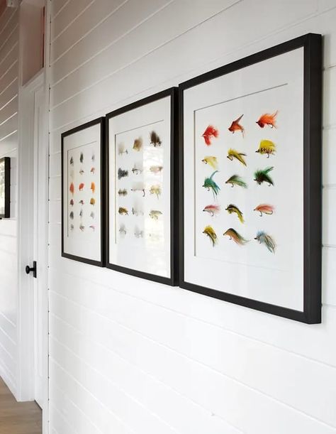 The Upstairs Hallway: Don’t overlook walkways or hallways when decking out your house for summer. Here, inexpensive fishing lures are framed en masse for graphic impact. | Photographer: Donna Griffith | Designer: Emily Hollis; Architecture by James Ireland Architect Fishing Cottage, Sarah Richardson Design, Black Window Frames, Cottage Dining Rooms, Decorating 101, Georgian Bay, Country Dining, Washable Slipcovers, Cottage Inspiration