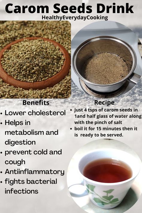 Good for cholesterol and weight loss, Please try this and let me know whether it is working or not. Ingredients: Carom seeds; water; salt; boil for 15 minutes. Carom Seeds, Seeds Benefits, Cold Prevention, Bacterial Infection, Lower Cholesterol, Skin Health, Nutrition Facts, 15 Minutes, Natural Remedies