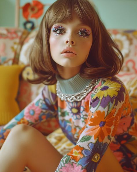 Let’s get groovy 🌸✌🏻 Travel back in time with me today and enjoy some flower power fashion 🥰 Sometimes I think I was born in the wrong time period 🤭 I love everything sixties and especially all the amazing patterns and hairstyles! This set was so much fun to work on and I hope you enjoy it too 💖 Inspired by the amazing Twiggy makeup looks of @creative_by_sabina 💄💋 Go check out her profile! #sprinkleofai #aifashion #fashion #sixties #60s #retro #vintage #vintagestyle #vintagefashion #re... 60s Flower Power Makeup, 60s Art Vintage, 60s Moodboard, Flower Power Makeup, Modern 60s Fashion, Flower Power Outfit, 60's Hair, Retro Vintage Outfits, 60s Glam