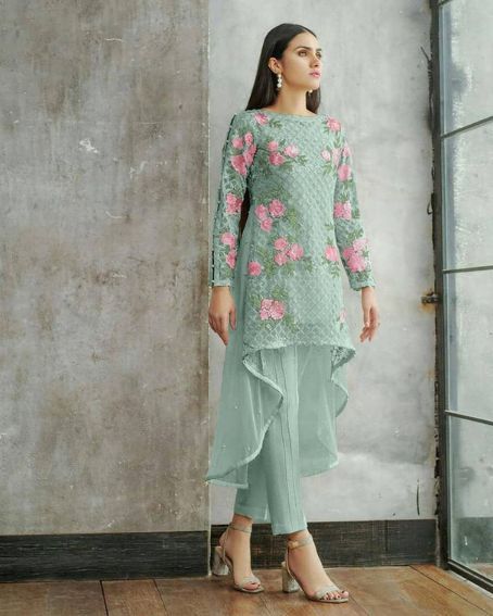 Top 20 Long Kurti with Cigarette Pants In 2023 Front Cut Kurti, Anarkali Patterns, Punjabi Suit Design, Pink Kurti, Long Kurti, Floral Embroidery Patterns, High Neck Designs, Elegant Attire, Kurtis With Pants