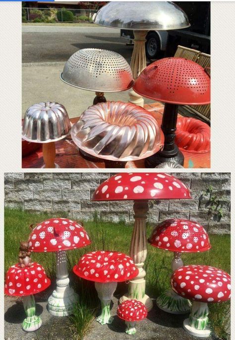 Mushrooms Fairy Garden Design Ideas, Recycled Garden Planters, Pinterest Garden, Fairy Garden Designs, Recycled Garden, Outdoor Crafts, Glass Garden Art, Diy Yard, Garden Yard Ideas