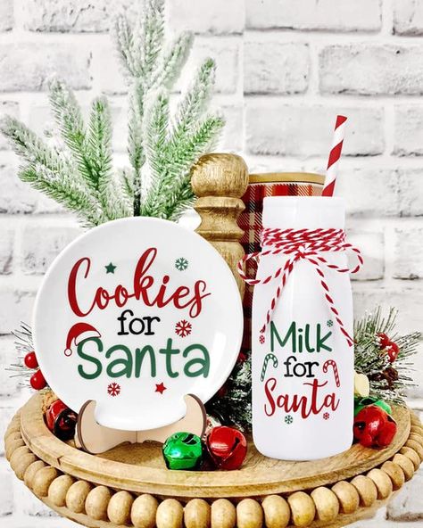 Milk For Santa, Christmas Tiered Tray Decor, Cookies For Santa Plate, Christmas Tiered Tray, Xmas Treats, Homemade Signs, Milk Jar, Santa Plate, Santa Crafts