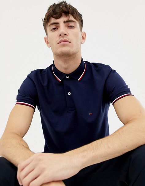 TOMMY HILFIGER TIPPED POLO SHIRT - NAVY. #tommyhilfiger #cloth Tommy Hilfiger Sporty Cotton Polo Shirt, Casual Tommy Hilfiger Cotton T-shirt, Tommy Hilfiger Logo Print Crew Neck T-shirt, Tommy Hilfiger Polo, Tommy Hilfiger Cotton Logo T-shirt, Tommy Hilfiger Text Print Cotton T-shirt, Flag Logo, Blue Logo, Tommy Hilfiger Man