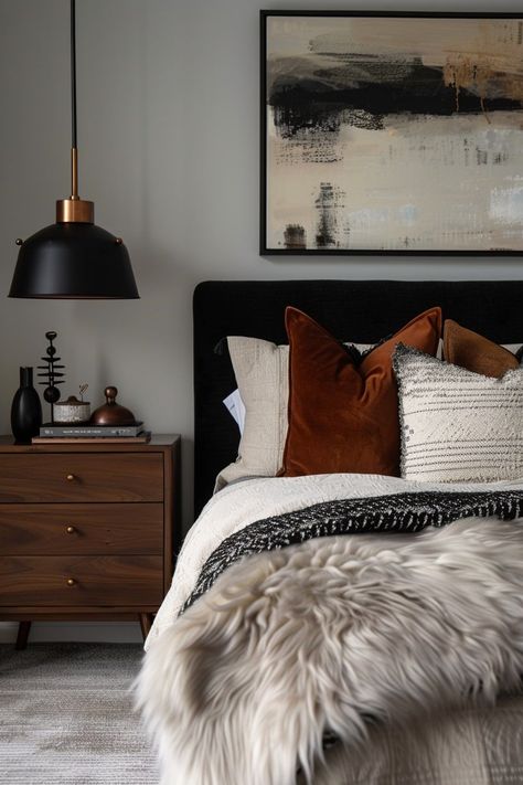 Room Decor With Black Bed, How To Make Home Cozy How To Decorate, Colored Bedding Bedroom Ideas, Mountain Chic Bedroom, Bedroom Inspo Married Couple, Moody Bedroom Light Walls, Bedroom With Black Headboard Ideas, Antique Bedroom Decor Ideas, Bedroom Color Theme Ideas