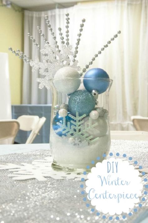 Winter centerpiece: Use your blue, silver and white ornaments to DIY your very own winter centerpiece. Diy Winter Wonderland, Winter Wonderland Decorations, Winter Wonderland Birthday, Winter Centerpieces, Winter Wonderland Baby Shower, Winter Wonderland Theme, Winter Decorations Diy, Diy Winter, Winter Wonderland Party