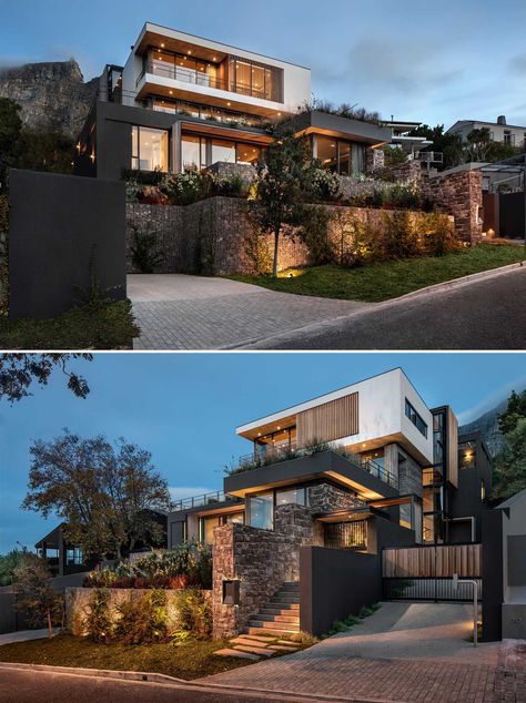 https://www.contemporist.com/landscaped-yard-extends-living-space-of-this-modern-home/?utm_source=feedburner Mountain Modern Home Exterior, Home Office For Two, Villa Concept, Office For Two, Hacienda Homes, Modern Contemporary Homes, Modern Mountain Home, Modern Bungalow House, Rest House