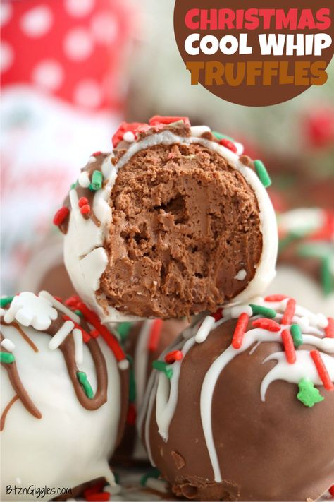 Hot Cocoa Truffles, Whoppers Candy Recipes, Thanksgiving Truffle Desserts, Cool Whip Cookies Christmas, Cool Whip Truffles, Christmas Chocolate Dipped Treats, Christmas Cookies And Candy Recipes, Chocolate Dipped Christmas Treats, Easy Cool Whip Candy