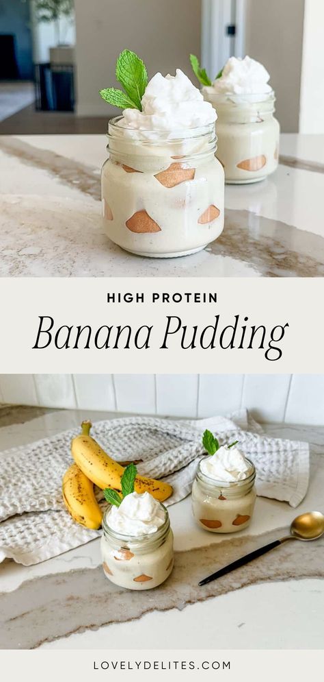 This High Protein Banana Pudding comes together in just under 10 minutes and is made with simple and healthy ingredients. Made with healthy ingredients like cottage cheese, greek yogurt and protein powder. This banana pudding recipe a delicious way to get your protein in. Perfect healthy summer dessert idea! Dessert For Get Together, Healthy Jello Pudding Recipes, Banana Pudding Yogurt Parfait, High Protein Puddings, Protein Pudding Recipe Greek Yogurt, Quick Greek Yogurt Dessert, Protein Pudding Dessert, Healthy Vanilla Pudding, Healthy Banana Pudding Greek Yogurt