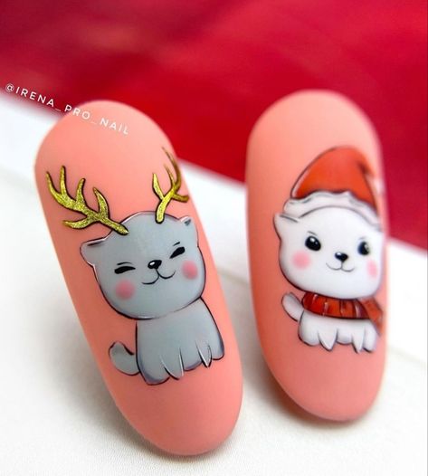 Christmas Animal Nails, Christmas Cat Nails, Christmas Nail Designs, Xmas Nails, Elegant Nails, Cute Nail Designs, Winter Nails, Christmas Nails, Fun Nails