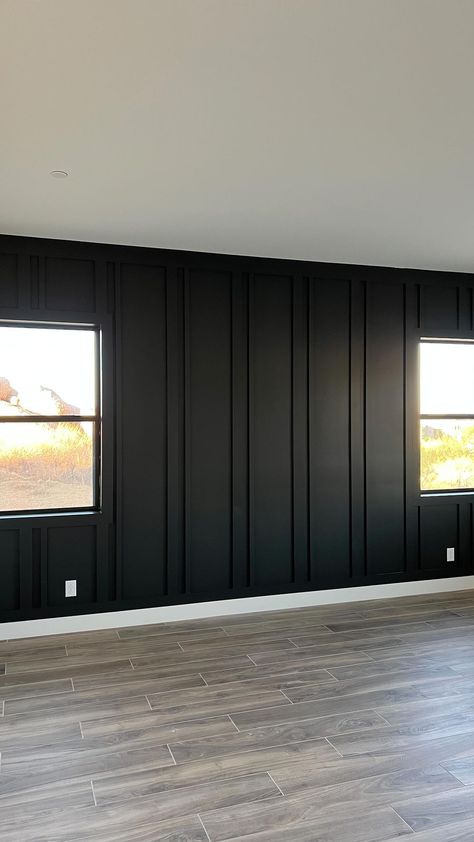 New home vibes 🖤 #accentartcreators #homedecor #home #decor #housedecor #art #paradisevalley #trimwork #boardandbatten #masterbedroom… | Instagram Black Hallway Accent Wall, Black Textured Accent Wall, Bonus Room Accent Wall, Decorative Trim On Walls, Deboer House, Accent Wall With Window, Fireplace Millwork, Cobblestone House, Wainscoting Wallpaper