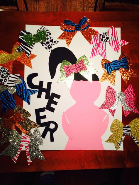 Pin The Bow on the Cheerleader Head game I made for my daughter's 10th birthday. Simply cut out a silhouette and hair shapes and glue on poster board. Then use glitter and fun cardstock to cut out cheer bow shapes. When ready to play, add some of that putty used to hang posters on the back of the cheer bows, blindfold the girls and play the game! Cheer Birthday Party Games, Cheer Party Games, Cheerleader Party Ideas, Cheer Party Ideas, Cheer Birthday Party Ideas, Cheerleading Birthday Party Ideas, Birthday Poster Ideas, Cheerleader Birthday Party, Cheerleading Birthday