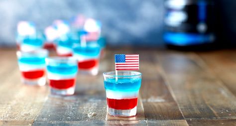 Jello Shot Recipes Fourth Of July, Red White And Blue Shots, Smirnoff Red White And Berry Jello Shots, Blue And Red Jello Shots, Red White Blue Jello, Red White And Blue Jello, Blue Jello Shots, Jell-o Shots 4th Of July, Creamsicle Milkshake