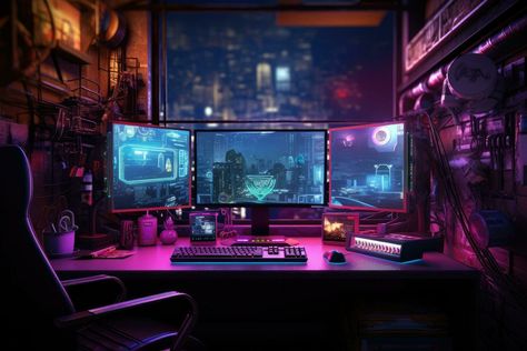 Cyberpunk Computer, Notion Inspiration, Gaming Equipment, Alter Ego, 3d Rendering, Karaoke, Cyberpunk, Work Space, Gaming