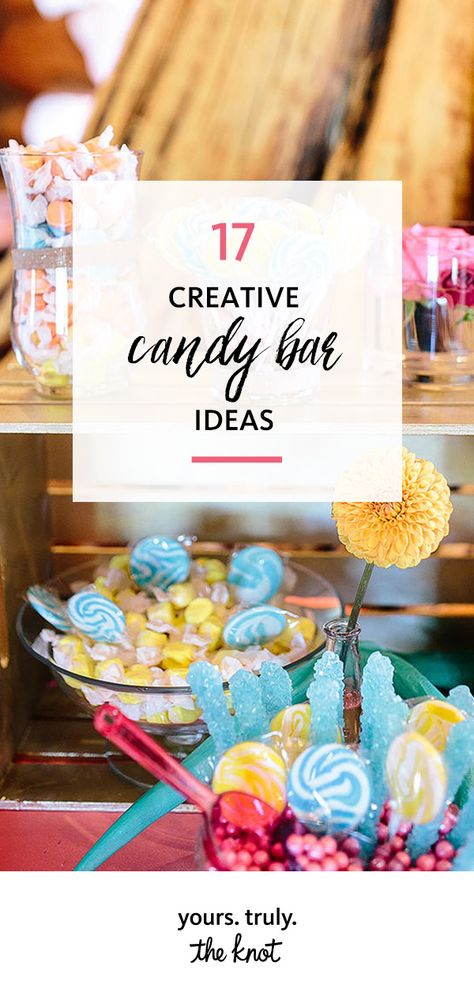 Who doesn't love a beautiful candy bar at a wedding? They multitask as decor and food, plus they're so easy to personalize. Candy Station Ideas Wedding, Rehearsal Dinner Candy Bar, Easy Candy Bar Ideas, Bride And Groom Favorite Candy, Engagement Party Candy Bar, Unique Candy Bar Ideas, Wrapped Candy Bar Ideas, Diy Wedding Candy Bar, Candy Display Wedding