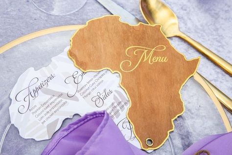 African Wedding Theme Decoration, Africa Theme Party, African Dinner, Bowl Centerpieces, African Wedding Theme, African Inspired Wedding, Wood Menu, Box Wedding Invitations, African Theme