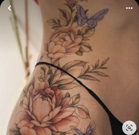 Coloured Back Tattoo Women, Colourful Back Tattoos Women, Lotus Belly Tattoo, Floral Hip Piece, Beautiful Side Tattoos, Stomach Tattoo Flowers, Flower Hip Tattoo Thigh Piece, Ribcage Flower Tattoo, High Thigh Tattoo