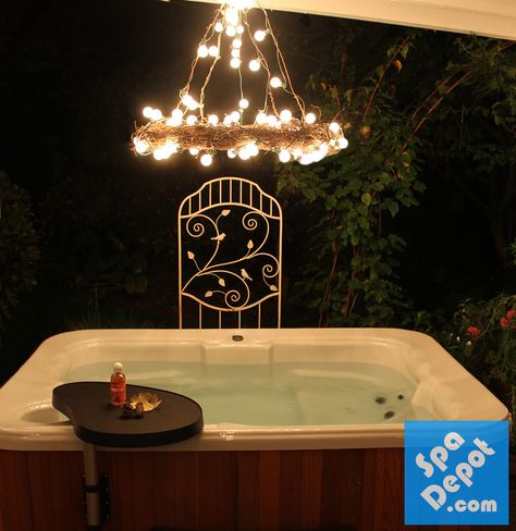 HotTubLighting-Chandelier Lights Over Hot Tub, Outdoor Hot Tub Lights, Hot Tub Lighting Ideas, Hot Tub Electrical Wiring, Patio Chandelier, Tub Chandelier, Tub Decorating Ideas, Hot Tub Decorating, Led Hot Tub