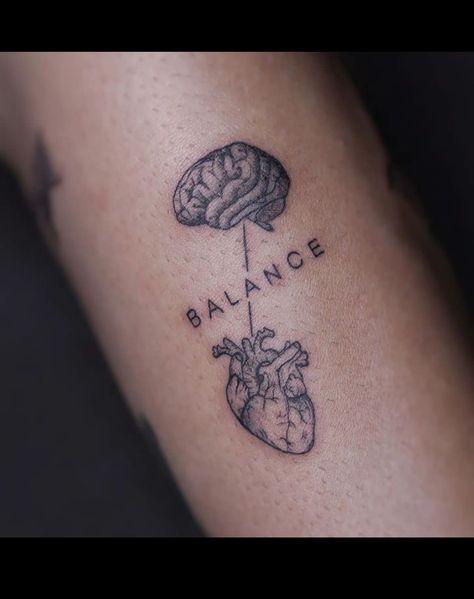 Heart And Brain Scale Tattoo, Calf Tattoo Men, Balance Tattoo, Purple Tattoos, Brain Tattoo, Simple Arm Tattoos, Scale Tattoo, Single Needle Tattoo, Tasteful Tattoos