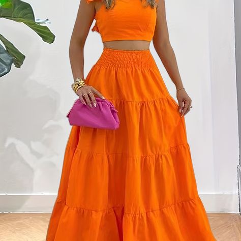 High Waisted Maxi Skirt Outfit, Pink And Orange Theme, Orange Theme, High Waisted Maxi Skirt, Cropped Tops, Themed Outfits, Maxi Skirts, Ruffle Trim, Color Orange