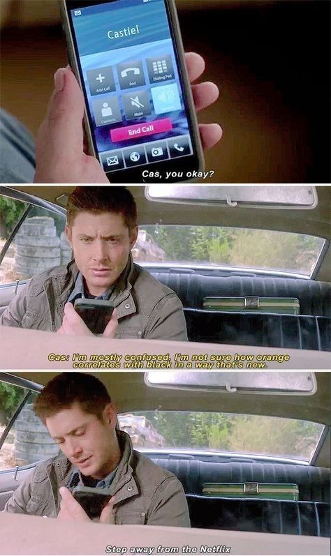 11x04 Baby - "I'm not sure how orange correlates with black in a way that's new." - Castiel, Dean Winchester; Supernatural Medici Masters Of Florence, Impala 67, Supernatural Baby, Supernatural Series, Cant Stop Laughing, Bobby Singer, Dean And Cas, Supernatural Tv Show, Winchester Supernatural