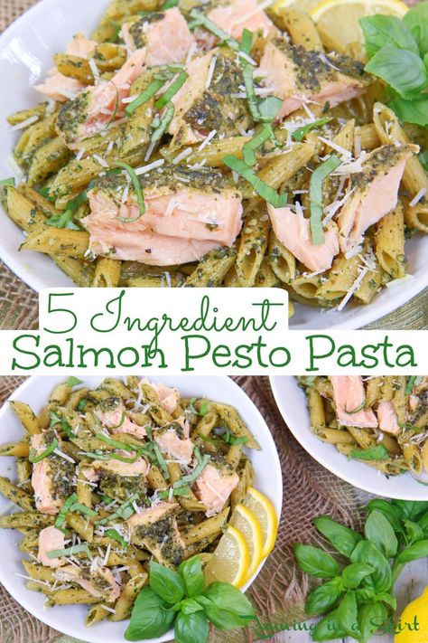 Salmon Pesto Pasta recipe - A healthy, easy, 5 ingredient, 20-minute restaurant-quality pescatarian meal. This quick and simple dinner is restaurant quality with very little mess! The salmon is baked in the oven and you can use homemade or jarred pesto. So fresh, tasty, and delicious! / Running in a Skirt #pescatarian #salmon #fishrecipes #healthydinner #20minutedinner Salmon Pesto Pasta, Healthy Fish Dinners, Salmon Pesto, Homemade Pesto Recipe, Pesto Pasta Recipe, Healthy Pesto, Pesto Salmon, Pesto Pasta Recipes, Salmon Pasta