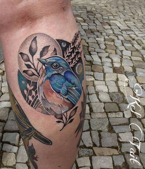 Partial Color Tattoo, Blue Bird Tattoo, Tattoos Black And White, Geometric Tattoo Bird, Buddha Tattoo Sleeve, Tattoo Birds, Deer Tattoo Designs, Bluebird Tattoo, Interesting Tattoos