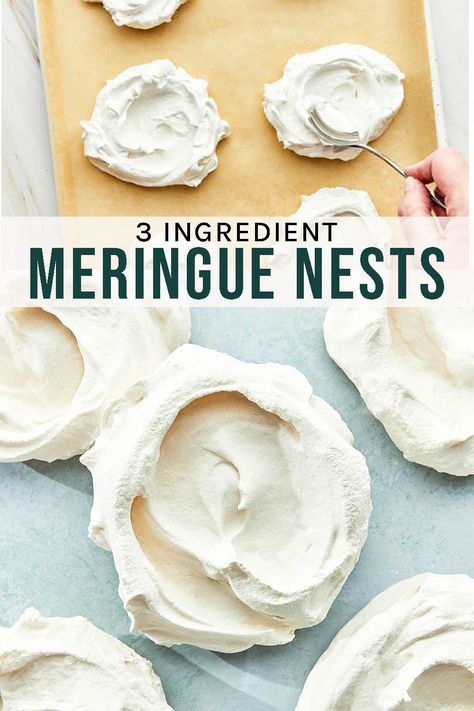 Meringue Nests Meringue Nests Recipe, Meringue Nests, Chantilly Cream, Baking Basics, Caramel Flavoring, Recipe Notes, Baking Ideas, Basic Recipes, Fresh Berries