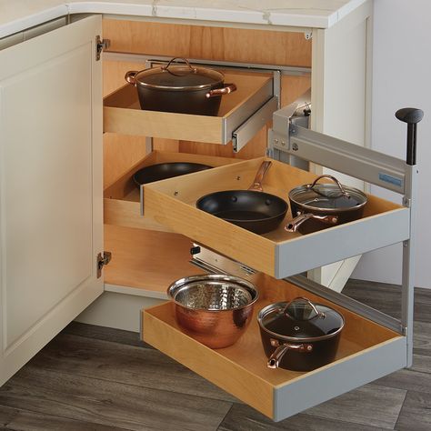 Magic Corner II, for Blind Corner Cabinets - in the Häfele America Shop Space Saving Closet Ideas, Kitchen Corner Cabinet Ideas, Kitchen Corner Cupboard, Space Saving Closet, Corner Cabinet Organization, Save Closet Space, Magic Corner, Small Space Storage Solutions, Diy Storage Ideas