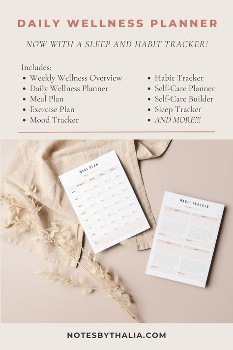 Start your wellness journey with this daily wellness planner with sleep and habit tracker; black text over white box and a mockup of the printed planner below Wellness Planner Ideas, Best Digital Planner, Digital Wellness, Gratitude Daily, Planner Notes, Wellness Planner, Positive Mantras, Health Affirmations, Exercise Plan