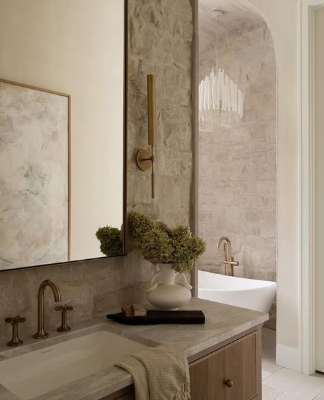 Like Wash Bathroom, Stone Wall Bathroom, Italian Style Bathroom, Fireplace Bathroom, Moore House, Freestanding Tub, Bathroom Inspiration Decor, Dream Bathrooms, Girl House