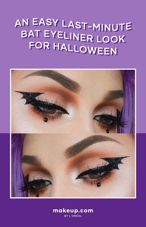 Bat Eyeliner Tutorial for Halloween Bat Face Makeup Halloween, Bat Eye Makeup Tutorial, Halloween Easy Face Makeup, Bat Costume Face Paint, Bat Costume Makeup Women's, Small Halloween Makeup Ideas, Kids Bat Makeup, Halloween Makeup Bat Eyes, Easy Bat Makeup