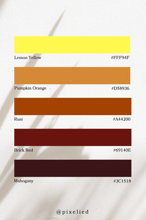 This Earth Tone  palette features vibrant lemon yellow, warm pumpkin orange, rich rust, deep brick red, and dark mahogany. It combines bright, energetic tones with deep, earthy hues, perfect for creating a bold and dynamic visual impact. Color Scheme Generator, Earth Colour Palette, Tone Color Palette, Earth Tone Palette, Earth Tone Color Palette, Idea Generation, Color Generator, Flip Image, Blur Image