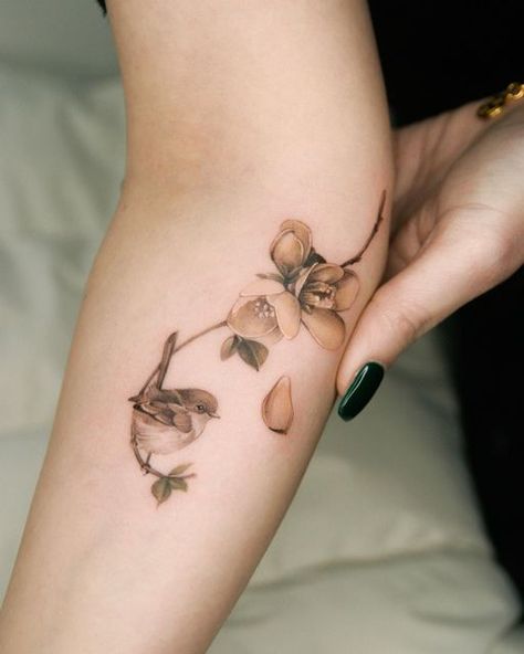 Sparrow Flower Tattoo, Garden Bird Tattoo, Bullfinch Tattoo, Wren Bird Tattoo, 3 Bird Tattoos For Women, Floral Bird Tattoo, Wren Tattoo, Chickadee Tattoo, Bird And Flower Tattoo