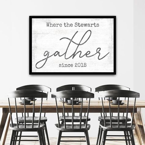 Gather Sign Personalized with your last name and date makes the perfect farmhouse kitchen & dining room wall art. This canvas sign makes the perfect gift for a loved one in your life. Personalize Your Design: Select your canvas type & size from the options above. Enter custom details in the text box provided above. Click 'Add To Cart' & continue to checkout. NOTE: We will not print your product until you approve any customized artwork. Free revisions included until you're happy with Gather Signs, Cinema Sign, Custom Housewarming Gift, Theatre Sign, Gather Sign, Dining Room Wall, Dining Room Wall Art, Family Frames, Name Wall Art