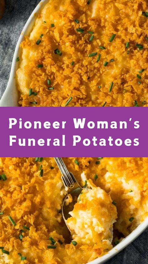 Pioneer Woman’s Funeral Potatoes Potatoes Au Gratin Easy Pioneer Woman, To Die For Potatoes, Church Potatoes Recipe, Potatoe Casserole Recipes For Dinner, Potato Potluck Recipes, Sunday Dinner Side Dishes, Obrien Potatoes Recipes, Sides For Ribs Dinner, Potato Sides Dishes