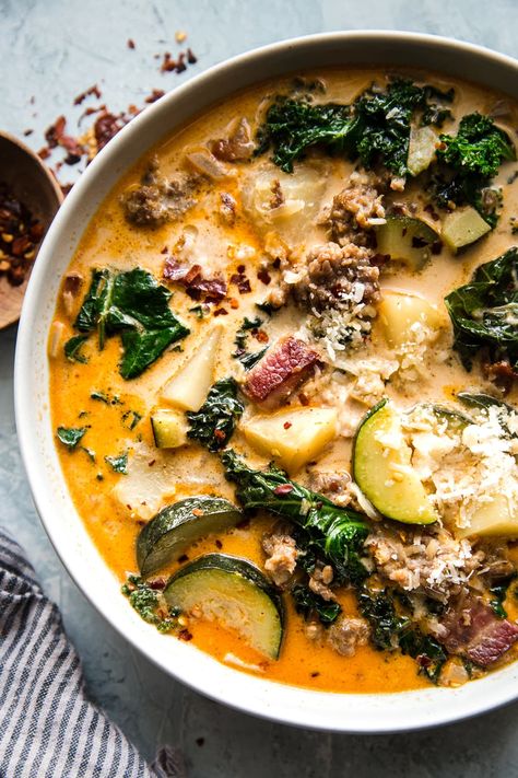 Hot Sausage Recipes, Sausage And Kale Soup, Toscana Recipe, Creamy Soup Recipes, Turkey Breakfast Sausage, Zuppa Toscana Soup, Tuscan Soup, Toscana Soup, The Modern Proper