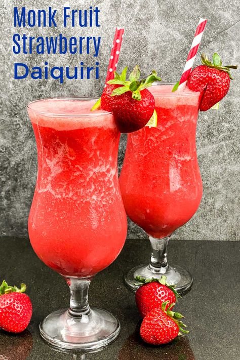 Monk Fruit Strawberry Daiquiri Recipe Frozen Fruit Cocktails, Strawberry Daiquiri Cocktail, Strawberry Daiquiri Recipe, Pina Colada Mocktail, Frozen Strawberry Daiquiri, Frozen Drink Recipes, Strawberry Cocktails, Daiquiri Recipe, Frozen Strawberry