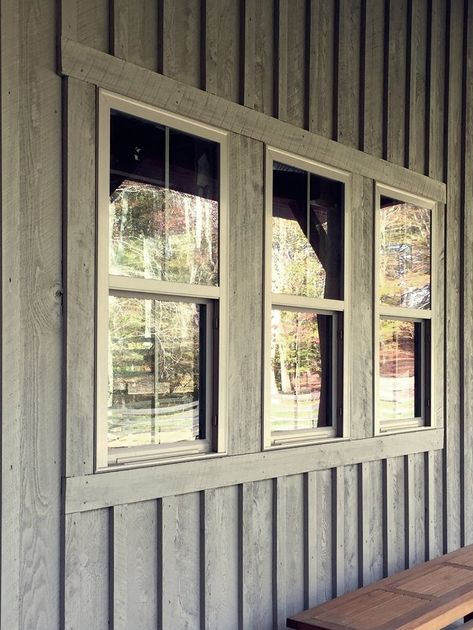 Board And Batten Window, Board And Batten Diy, Grey Vinyl Siding, Batten Diy, Vinyl Siding Colors, Diy Exterior, Board And Batten Exterior, Window Trim Exterior, Board And Batten Wall