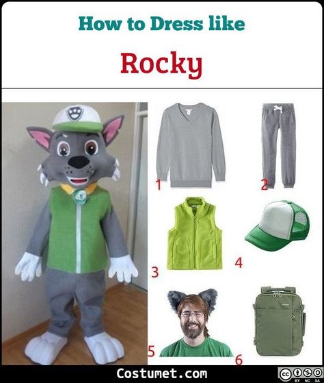 Rocky costume is a green vest and a green baseball cap to show his love for recycling and reusing.            #PawPatrol #male #cartoon #tv #animal #kid #dog #PawPatrol Rocky Paw Patrol Costume, Paw Patrol Kostüm, Rocky Costume, Paw Patrol Halloween Costume, Paw Patrol Costume, Male Cartoon, Paw Patrol Rocky, Green Baseball Cap, Patrol Party