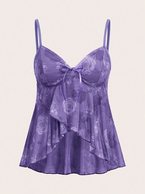 Women Summer Casual Asymmetrical Hem Rose Print Cami Top Purple Casual   Mesh Fabric Floral,Plants,All Over Print Cami Medium Stretch  Women Clothing, size features are:Bust: ,Length: ,Sleeve Length: Purple Cute Top, Purple Corset Top, Purple Fashion Outfit, Purple Clothes, Purple Clothing, Purple Corset, Purple Tops, Women Summer Casual, Aesthetic Grunge Outfit