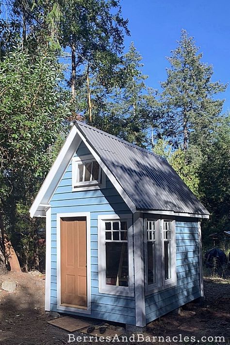 We built a 100 sq ft. shabin for our family of four. It's got room for sleeping and storage. Perfect for our off-grid property. Here are our building plans so you can build your own sweet-little-shed. #shabin #tinyhome #bunkie Small Cabin Layout, Writing Cottage, Playhouse Loft, Bunkie Ideas, Cabin Layout, Small Structures, Tiny Cottages, Garden Huts, Shed With Loft