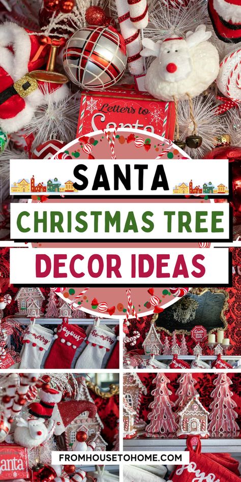 How To Decorate A Fun Santa Christmas Tree | Red and White Christmas Decor Santa Clause Christmas Tree Ideas, Santa Christmas Trees, Santa Theme Christmas Tree, Christmas Tree Santa Theme, Red And White Christmas Tree Ideas Holiday Decorating, Santa Christmas Tree Theme, Santa Tree Ideas, Santa Themed Christmas Tree, Red And White Christmas Tree Ideas