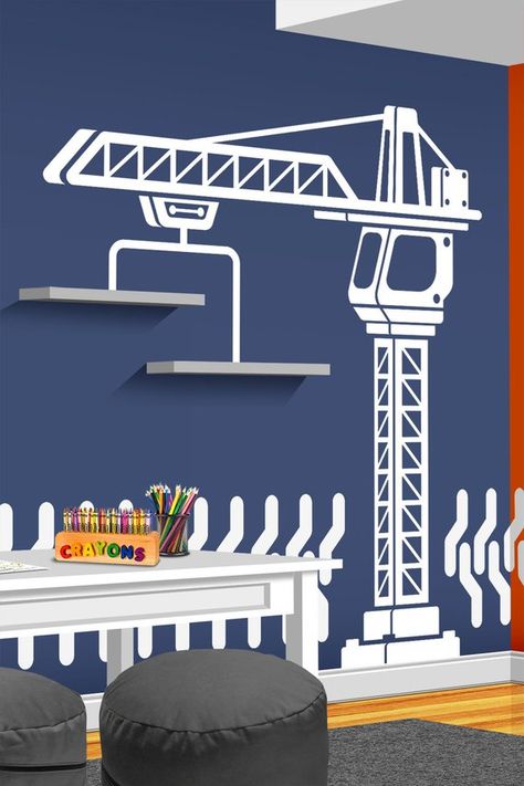 Construction Crane Vinyl Wall Decal Boys Bedroom Wall Decal | Etsy Vinyl Wall Decals Bedroom, Construction Bedroom, Construction Crane, Shelf Decor Bedroom, Boys Playroom, Wall Decals For Bedroom, Kids Bedding Sets, Nursery Decals, Wall Stickers Bedroom