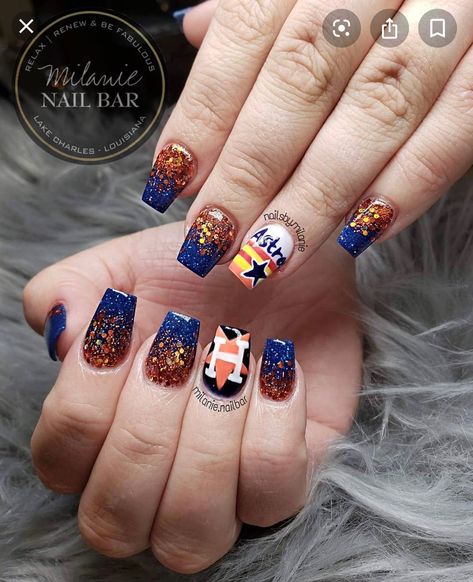 Houston Astros nails Astros Manicure, Houston Astros Nail Designs, Astros Nail Designs, Houston Astros Nails, Astros Nails, Baseball Nail Designs, Houston Nails, Nfl Nails, Baseball Nails