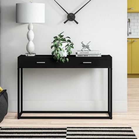 Console Table Entryway Modern, Black Console Table Decor, Modern Side Table Design, Slim Console Table, Modern Table Decor, Console Table Entryway, Diy Console Table, Console Table Styling, Black Console Table