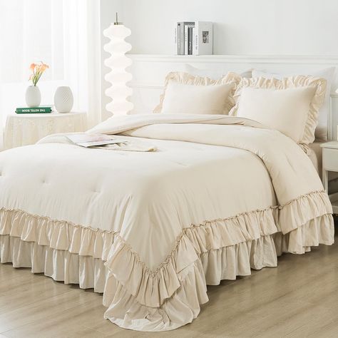 PRICES MAY VARY. Beige Queen Comforter Set: Andency 3 pieces queen size comforter set includes 1 ruffle comforter (90x90 inches) and 2 pillowcases (20x26 inches). Our solid ruffle comforter set is suitable for any color scheme and room style. Elegant Ruffle Design: This bed comforter set is designed in a double ruffle design, matching with the same ruffle pillowcases, adding a touch of elegance and sophistication to your bedroom décor. Soft and Cozy Fabric: The beige comforter is made from premi Shabby Chic Comforter, Pink Comforter Sets, Ruffle Comforter, Full Size Comforter Sets, Beige Comforter, Full Size Comforter, Queen Size Comforter Sets, King Size Comforter Sets, Bed Comforter