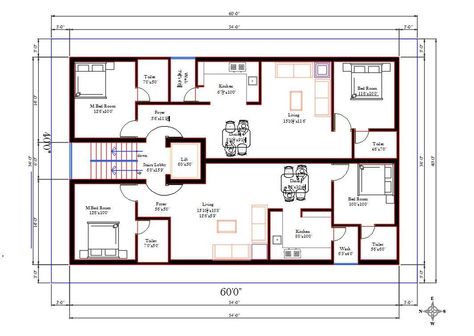 40x60 Apartment Plan, 60 X 40 House Plans Layout, 60x40 House Plans, 40x60 House Plans, Commercial Building Plans, Residential Building Plan, Small Apartment Plans, Duplex House Plan, Apartment Floor