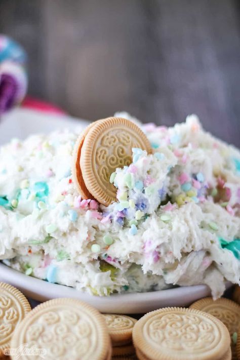 Dip your favorite cookies or fruit into this delicious cake batter Funfetti Dip loaded with Easter candy and pastel sprinkles.